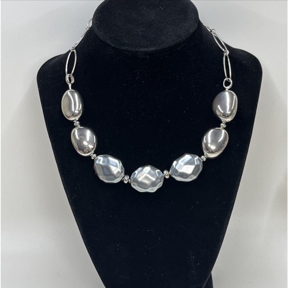 Faceted Metal Pebble Organic Nugget Statement Necklace Blue Silver Toned